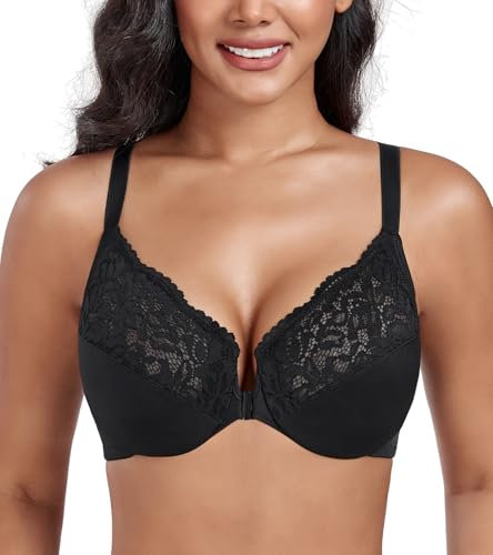 DotVol Plus Size Front Closure Flower Lace T-Back Underwire Everyday Bra for Women(Flower Black,36E)