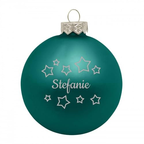 Deitert Weihnachtskugel mit Namen oder Wunschtext graviert, Ø 8cm, personalisierte Christbaumkugel aus Glas (matt), individueller Weihnachtsbaumschmuck mit Gravur, Sternen-Motiv, Petrol