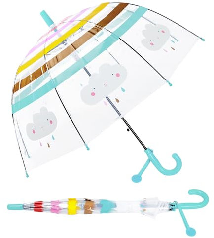 decalsweet Regenschirm Kinderschirm Stockschirm, Windsicher Robustheit Regen Regenschirm Transparent, Kinderregenschirm Durchsichtig Junge Mädchen, Kuppel-Blasenschirm Durchmesser=70cm Blau Wolken