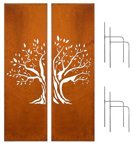 D&L Lasertec Edelrost Garten 2er Set Sichtschutzwand Metall 160x50 cm Baum inkl. Bodenanker