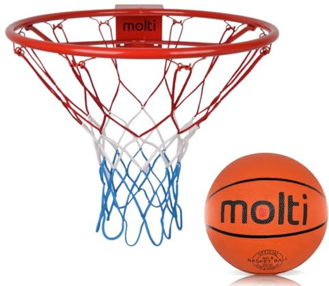 molti Basketball Set für Kinder | Ball Gr. 5| Ř 45 cm Basketballkorb mit Wandhalterung und abnehmbarem Basketballnetz Basketballring in Profigröße zur Wandmontage | 4 Befestigungsschrauben
