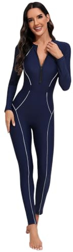 Odizli Maillot de bain pour femme avec bonnets - Manches longues - Fermeture éclair - Maillot de bain en néoprène - Combinaison de surf, bleu marine, M