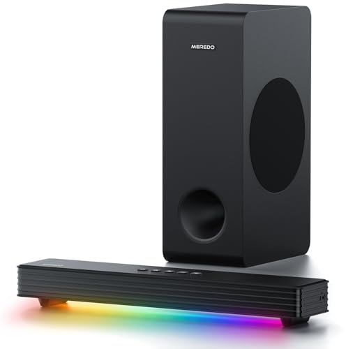 MEREDO Soundbar per TV - 3.1CH Sistema Audio Surround per Gaming su PC con Subwoofer, Illuminazione RGB, Sincronizzazione Audio, Bluetooth 5.3/HD-ARC/Ottico/AUX/USB Per Desktop, Console e Home Cinema