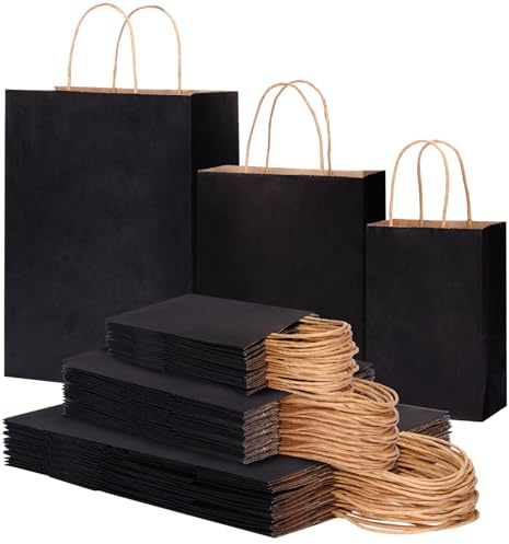OUTUXED Papiertüten mit Griffen, verschiedene Größen, Kraftpapier, Schwarz, 3 verschiedene Größen, Geschenktüten für Party, Geburtstag, Shopping, Business, Merchandising, 120 Stück