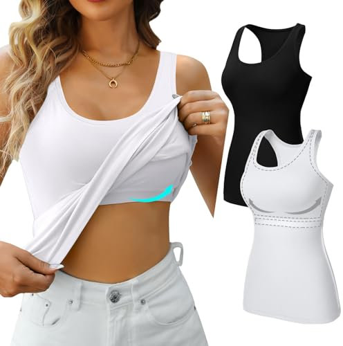 Charmo Unterhemd Damen BH Hemd Baumwoll Sommer Tank Tops mit integriertem BH Slim Fit Trägertop Tanktops Frauen Weiß Schwarz 2er Pack