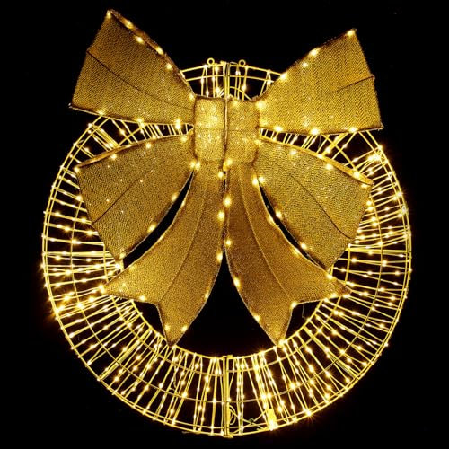 Taylor & Brown 3ft (92cm) Large Light Up Christmas Wreath with 30 Bow Metal Hanging Home Door Wall Decoration 684 Warm White Micro LED Lights Xmas Decorations for Indoor Outdoor (Gold Bow)