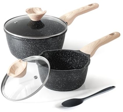Kordisen såskastrull set med lock, 1,5 Qt och 2,5 Qt non-stick matlagningsgrytor med hällpip, lätt att rengöra, litet köksinduktionskastrull med granitbeläggning, PFOA/PFOS gratis (svart)