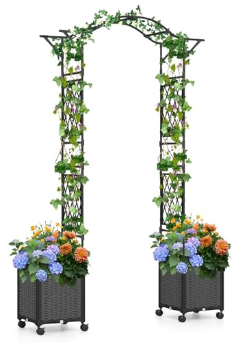 GOPLUS Rosenbogen Metall, Gartenbogen mit 2 Pflanzkästen, Rosen Rankhilfe mit Rollen, Rankbogen mit Rankgitter für Hochzeiten, Torbogen Garten für Kletterpflanzen, 208 x 40 x 250 cm (Grau)