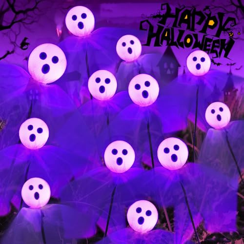 2 Stück Halloween Deko Outdoor Geister Licht Solar, 12 LED Halloween Deko Outdoor Beleuchtung Solarlampen, Solar Wasserdicht Geister Gartenstecker, für Außen Garten Rasen Party