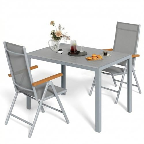 LIFERUN Gartenmöbel Set 3 Teilig, Balkonmöbel & Sitzgruppe Outdoor | 110x70cm WPC Tisch & 2 Aluminium Hochlehner Klappstühle, Wetterfest Terrassenmöbel außen, Ganz Grau