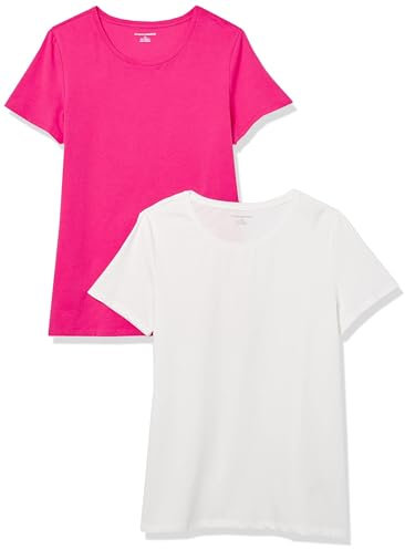 Amazon Essentials Maglietta Girocollo a Maniche Corte vestibilità Regolare Donna, Pacco da 2, Bianco/Rosa Brillante, L