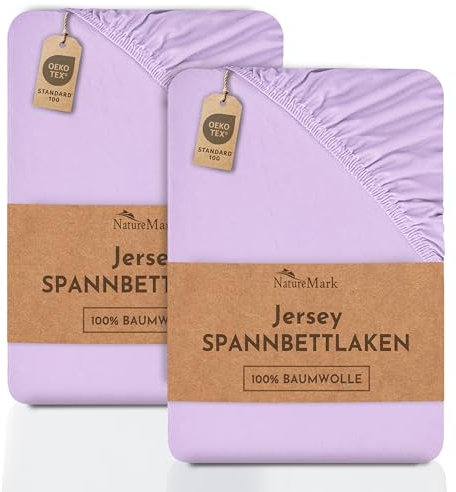 NatureMark 2er Pack Jersey Spannbettlaken, Spannbetttuch 100% Baumwolle in vielen Größen und Farben MARKENQUALITÄT ÖKOTEX Standard 100 | 180 x 200 cm - 200 x 200 cm - Flieder/Lavendel