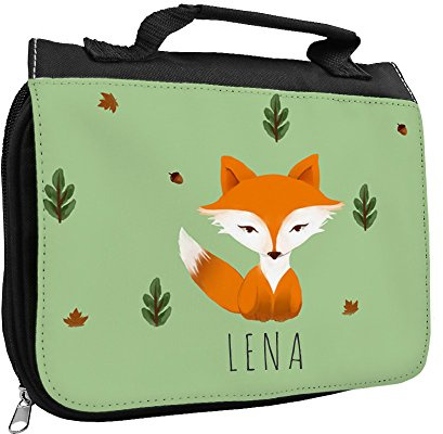 Kulturbeutel mit Namen Lena und schönem Fuchs-Motiv für Mädchen | Kulturtasche mit Vornamen | Waschtasche für Kinder