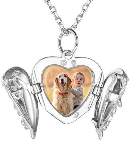 Custom4U Collier avec Photo Gravé Argent 925 Pendentif Médaillon Porte Photo Coeur Ailes d’Ange Prénom Personnalisé