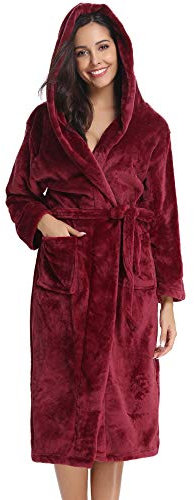 Vlazom Dressing Gown, Flannel Soft Bathrobe Cosy Robes Fluffy Winter Hooded Housecoat for Women/Men, Wine Red-with Hooded, UK(20-24)