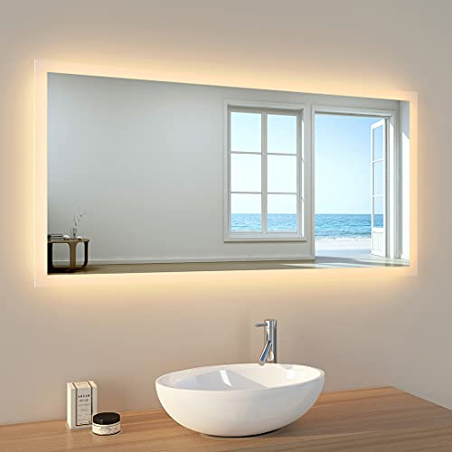 EMKE LED Badspiegel 120x60cm Badspiegel mit Beleuchtung Warmweiß Lichtspiegel Badezimmerspiegel Wandspiegel IP44 energiesparend