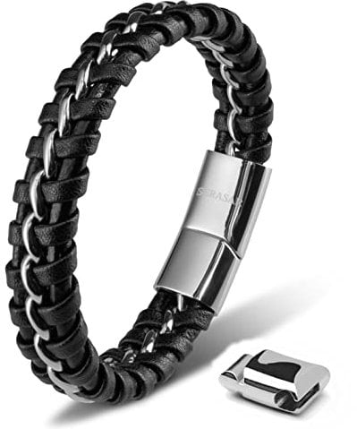 SERASAR 20cm Silver Bracelet Men Gift Box Genuine Leather Cowhide Braided Adjust Able Magnetic Clasp Multi Layer Wrap Jewellery Box Rope Man Mans Male Mens Bracelets Band Jewelry Magnet Accessories