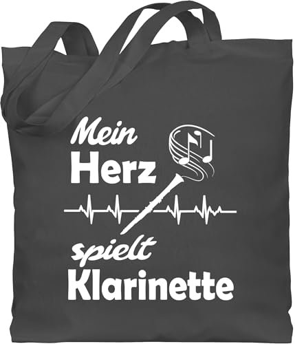 Baumwolltasche - Musik Instrument Zubehör - Mein Herz spielt Klarinette - Unisize - Dunkelgrau - geschenkidee musiker instrumente noten stoffbeutel geschenke musikinstrumente herzschlag baumwolle