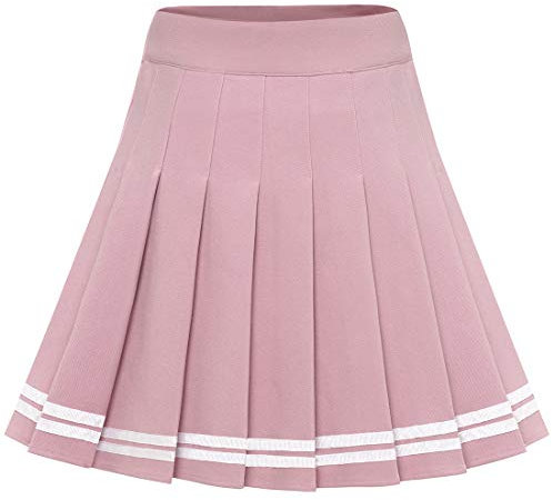 Dressystar Jupe Basique Femme Extensible Patineur Patineuse Pom-Pom Girl Mini Jupe Plissée Rose Blanc Rayure XS