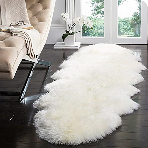 Meyecon Kunstfell Teppich - Lammfell Schaffell Bettvorleger, Wollteppich, Fellteppich, Faux Fell Sofa Matte Fellimitat (Weiß, 160 x 60 cm)