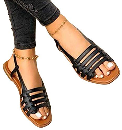 ORANDESIGNE Sandales Plates pour Femmes Sandales Décontractées à Lanières Sandales d'été Sandales Grande Taille Sandales Faciles à Porter A Noir 43 EU