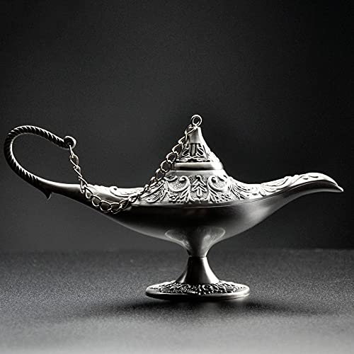 Aladdin Lampe,Genielampe,Genie Licht Lampe Aladdin Wunderlampe Licht Magie Genie Licht Hohle Legende Lampe,Oil Lampe Teekanne Dekoration Handwerk Geschenk Sammlerstück,Silver