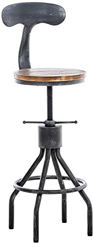 CLP Barhocker Hanam im Industrial-Look I Höhenverstellbarer Barhocker mit Holzsitz und Rückenlehne I Metallhocker mit Fußablage, Farbe:antik Silber