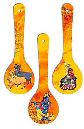 Artvibes Madhubani Art Wooden Wall Hanger Spoons for Home | Office | Living Room | Gift | Modern Decoration Items | Kitchen Wall Decor | Home Decor Hanging Ornaments (WH_5006N), Set of 3 (Multi 6)