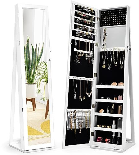 RELAX4LIFE Armadietto Portagioie da Terra, Armadio per Gioielli con Specchio a Figura Intera, Specchiera Organizatore per Camera da Letto, 38 x 38 x 157,5cm (Bianco)