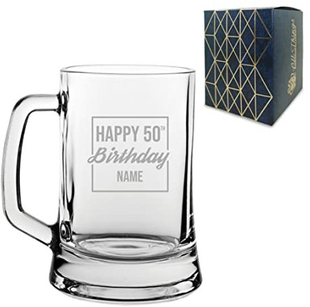 Personalised Engraved Tankard Beer Mug Stein Happy 50th Birthday Square Design Gift Boxed, 16.75oz/495ml Classic Beer Glass, Any Name, Engraved in The UK