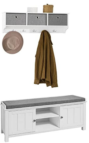 SoBuy Wandgarderobe-Set Flurset Flurmöbel Schuhbank mit Sitzfläche Flurgarderobe FSR35-W+FRG282-W