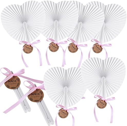 MKISHINE Fächer Hochzeit -24pcs Handfächer+ 22M rosafarbenes Band +24 Tags (SCHÖN DASS DU DA BIST) Handfächer Weiß Hochzeitsfächer Herz Hochzeit Gäste Geschenk Hochzeitsdeko Vintage