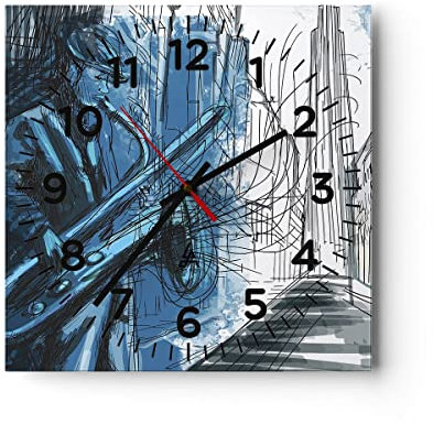 Modern Wanduhr Saxophon Musiker Zeichnen 30x30cm Quadrat Klein Wand Uhr Glas Analog Zimmeruhren Küche Büro Wohnzimmer Glasuhr Wall Clock Dekoration Design Wanddekoration Küchenuhr C4AC30x30-4148