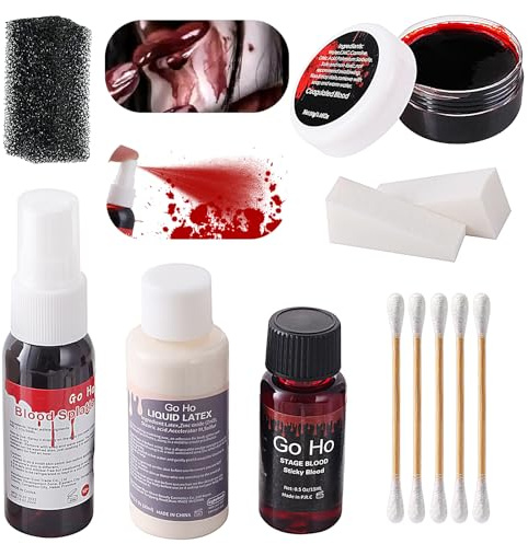 Go Ho Halloween Fake Blood and Liquid Latex Kit,Scars Wounds Burns Makeup,Fake Blood Spray for Clothes,Sticky Edible Blood,Coagulated Blood Gel and Sponges for Halloween Vampire Zombie SFX Makeup