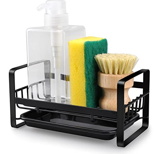 HONZUEN Organizador Fregadero Cocina,Acero Inoxidable Soporte Esponja Fregadero con Bandeja,Negro Soporte Utensilios Cocina Adhesivo para Estropajo