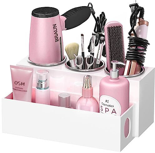 BYUNER Hair Dryer Holder, Hair Tools Organizer for Dressing Table, Hair Dryer and Straightener Holder for Bathroom Countertop Hairdryer Storage Stand, Hair Blow Dryer Holder for Vanity (White)