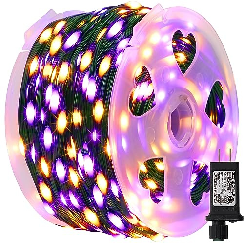 LJLNION 1000 LED Halloween Lights, 328FT Long Outdoor Fairy String Lights, Waterproof IP65 Green PVC Copper Wire Lights, 8 Lighting Modes Plug in for Xmas Home Yard Garden Party Decor, Orange&Purple