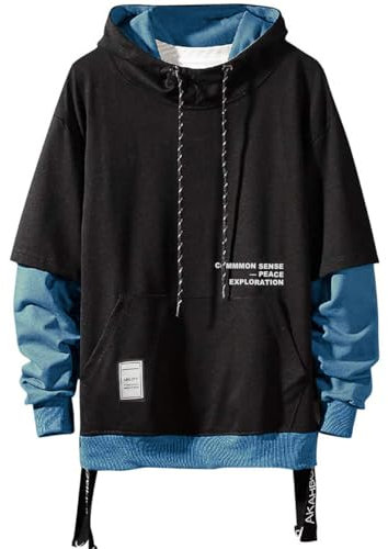 Moshtashio Kapuzenpullover für Herren, Patchwork Hoodie mit Kontrastfarbe Langarm Basic Sweatshirt Pullover mit Kapuze(1 Schwarz blau,5XL)