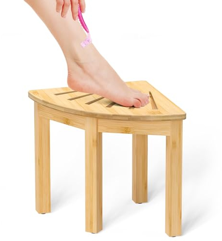 Domax Bamboo Corner Shower Foot Rest - Shower Stool for Shaving Legs 12 inch Non-Slip Waterproof Small Corner Shower Bench for Inside Shower Bathroom Bath Seat Spa Foot Rest Shaving Stool, Natural