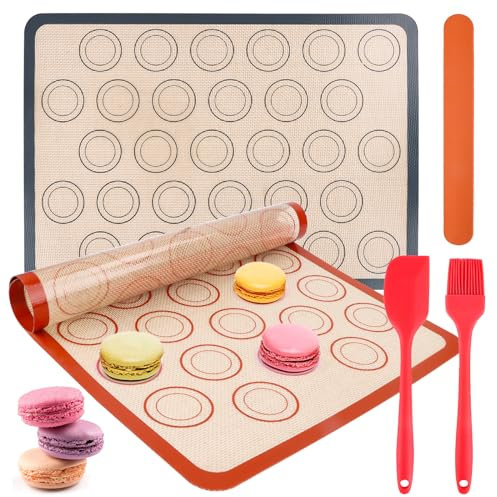 Silikon Backmatte, 2er Set Silikon Macaron Backmatte Set, Rutschfeste Backunterlage mit Backpinsel, Antihafte Wiederverwendbar Macarons Backset für Makronen Kekse Brot, Pizza Matte