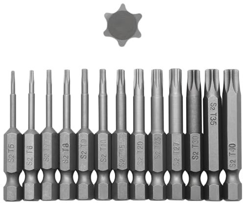 13 Pieces 6 Point Torx Screwdriver Bits Set, Hex Shank Magnetic Torx Security Head 1/4 Inch Shank Bit Set,T5 T6 T7 T8 T9 T10 T15 T20 T25 T27 T30 T35 T40, S2 Steel