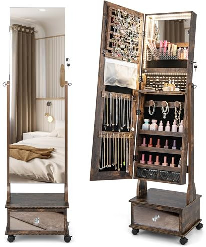 HOMASIS Schmuckschrank mit 3 Spiegeln, winkelverstellbarer Spiegelschrank mit LED-Lichtern, Schmuckspiegel mit 4 Rädern, abschließbarer Ganzkörperspiegel mit vielem Stauraum (Industrial Braun)