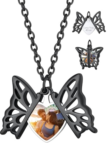 Custom4U Personalisierte Medaillon zum Öffnen für Bilder Damen Fotokette | Engelsflügel Medaillon Foto Kette mit Gravur Silber/Gold/Schwarz Locket Amulett mit 50cm kette Geschenk für Mutter Ehefrau