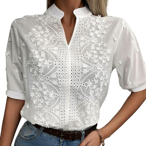 Juketron Camicetta Estiva in Pizzo con Ricamo Floreale Moda Donna Scollo a V Camicia Casual Chic Manica Corta Svasata Top Elegante