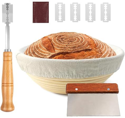 Bread Proofing Basket 10 Round for Sourdough, Includes Linen Liner, Metal Dough Scraper, Scoring Lame & Case, Extra Blades, Rising Dough Baking Bowl Gifts for Artisan Bread Making Starter