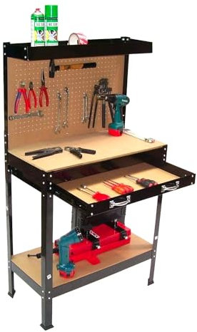 Avilia Banco da Lavoro con Cassetto, 2 Ripiani e Pannello Perforato – Tavolo da Lavoro Fai da Te Robusto con 20 Ganci, Ideale per Garage e Officina, Portata 100kg, 91x48x140cm, in Acciaio e MDF