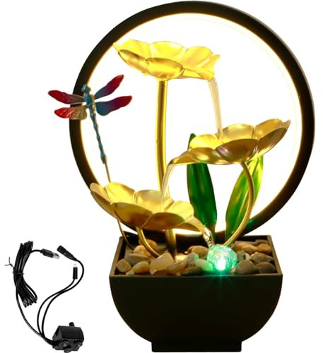 Fuente de agua de mesa para interiores con anillo de luces LED, fuente de agua alimentada por USB, fuente de agua de escritorio, fuente de agua zen para meditación, relajación, decoración del hogar y