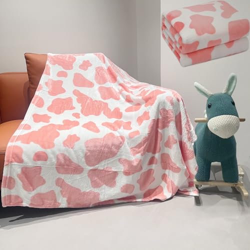 Kuhmuster Kuscheldecke, Süße Erdbeer Kuh Decke, Geschenk für Kuh Liebhaber, Weihnachten & Neujahr,Flauschig, leicht, rosa, 130 x 150 cm, Weich Fleece, Wohndecke für Couch & Sofa