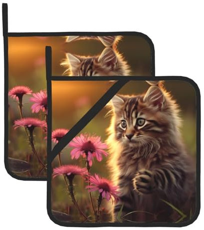 Topflappen mit Katzenmotiv, 20,3 x 20,3 cm, hitzebeständig, zum Kochen, Backen, Grillen, 2 Stück