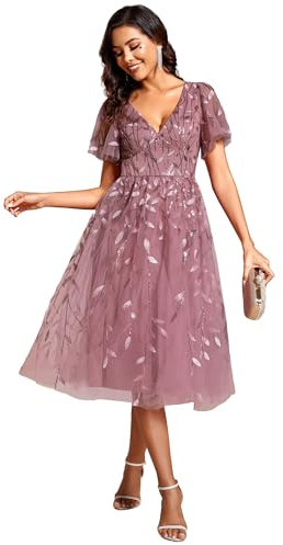 Ever-Pretty Prom Dress Leaf Sequin Short Sleeve Tulle Midi Wedding Guest Dress Orchid 18UK